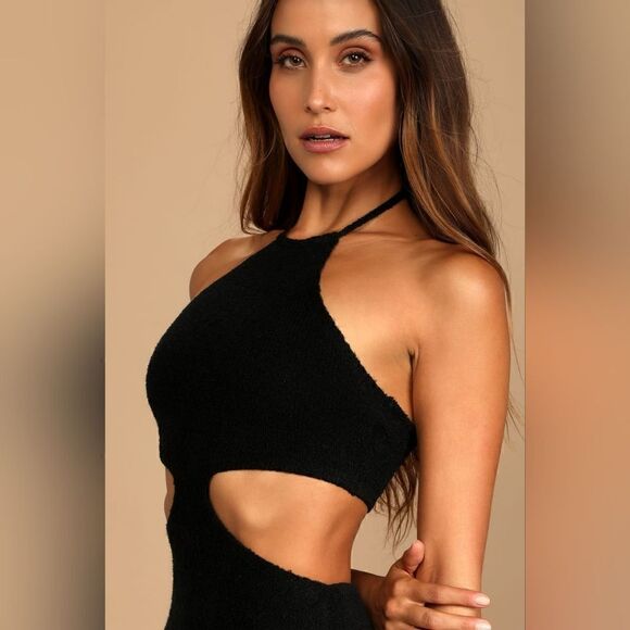 NWT🏷️✨Lulu's Lush for Life Black Cutout Halter Knit Midi Dress Size Medium - Picture 2 of 9